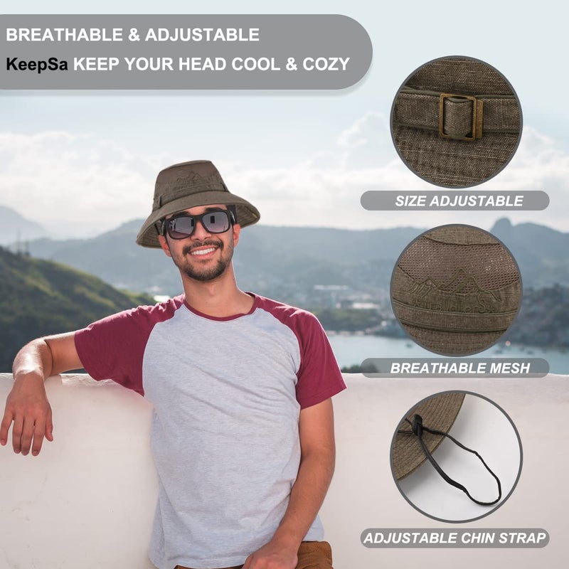 KeepSa Sun Hat for Men, Cotton Embroidery Summer Outdoor Sun Protection Wide Brim Bucket Hat Foldable Safari Boonie Hat - Image 2